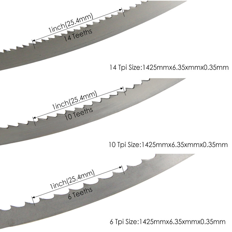 Hoja de sierra de cinta 56''x1/4'' 1425x6,35 mm 6TPI, 10TPI, 14TPI para sierra de cinta Delta, Draper, Nutool, FOX, Silverline de 8'' - 2 piezas