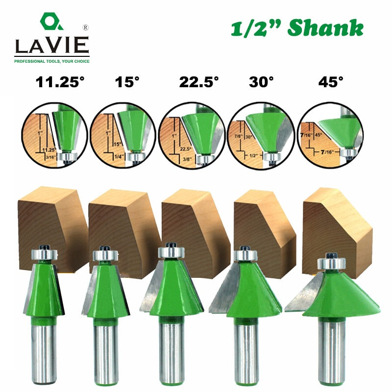 5 uds 12MM 1/2 "vástago chaflán Router Bit 11,25 15 22,5 30 45 grados fresa para máquina de madera