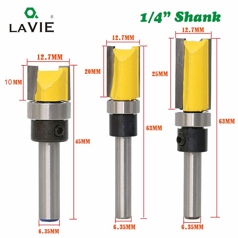 3 uds 1/4 ''broca enrutadora de corte al ras patrón Bit rodamiento superior e inferior 1/2" hoja plantilla borde madera