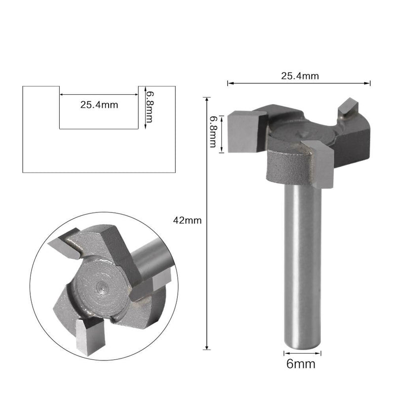 6mm 1/4" shank 3 teeth T-Slot Router Bit Milling Straight Edge Slotting Milling Cutter Cutting Handle