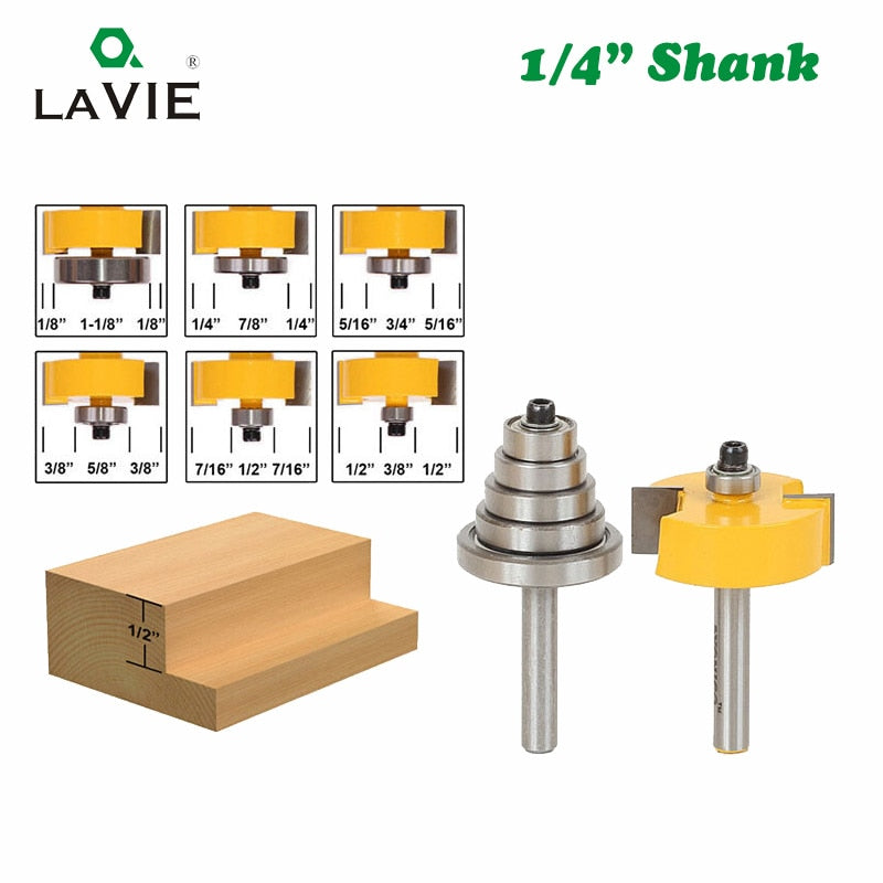 2PCS 1/4 Shank Rabbet Router Bit with 6 Bearings Set Adjustable Tenon Cutter Cemented Carbide Woodworking Bits