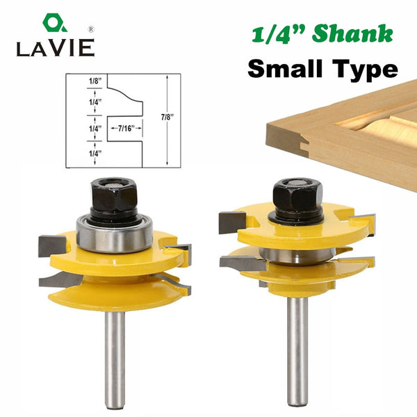 1/4" 2pcs Small Rail and Stile Router Bit Set Door Window Woodworking Knife Tenon Cutter for Wood Milling Tools