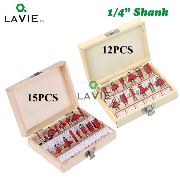 12pcs 15pcs 1/4" Router Bit Milling Cutter Wood Bits Straight Shank Carbide Cutting Tools