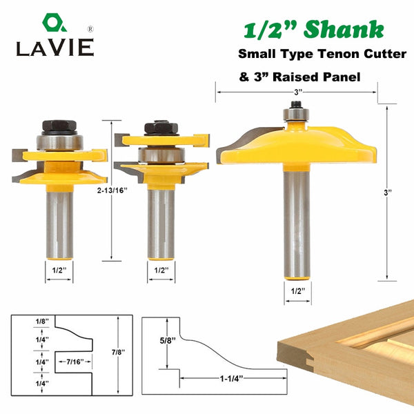 Juego de brocas para enrutador de riel pequeño y Stile Ogee, cortadores de espiga, Panel de puerta de gabinete de 3 "para máquina herramienta de madera, 3 uds., 12MM, 1/2 vástago