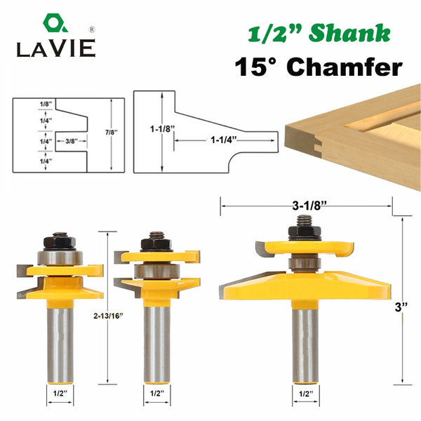 Vástago de 12mm y 1/2 ", 3 brocas, chaflán de 15 grados, juego de brocas para enrutador de puerta de gabinete, cortador de fresado de Panel elevado de riel y estilo