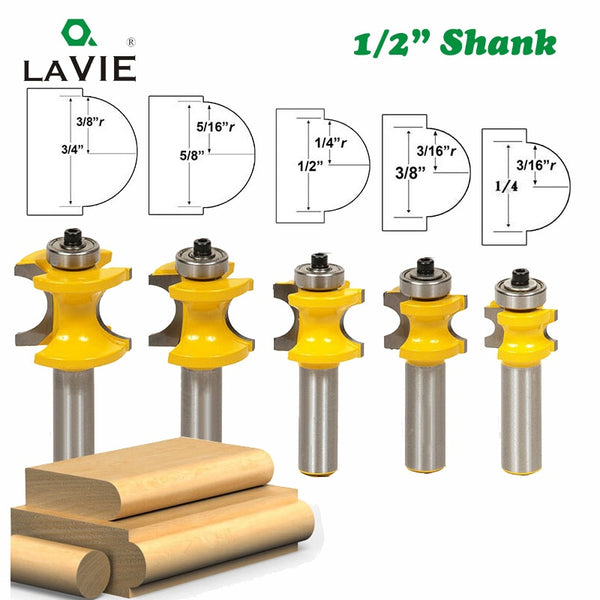 5 PCS 12mm 1/2 Shank Bullnose Half Round Bit with Bearing Endmill Bits for Wood Woodworking Tool Milling Cutter