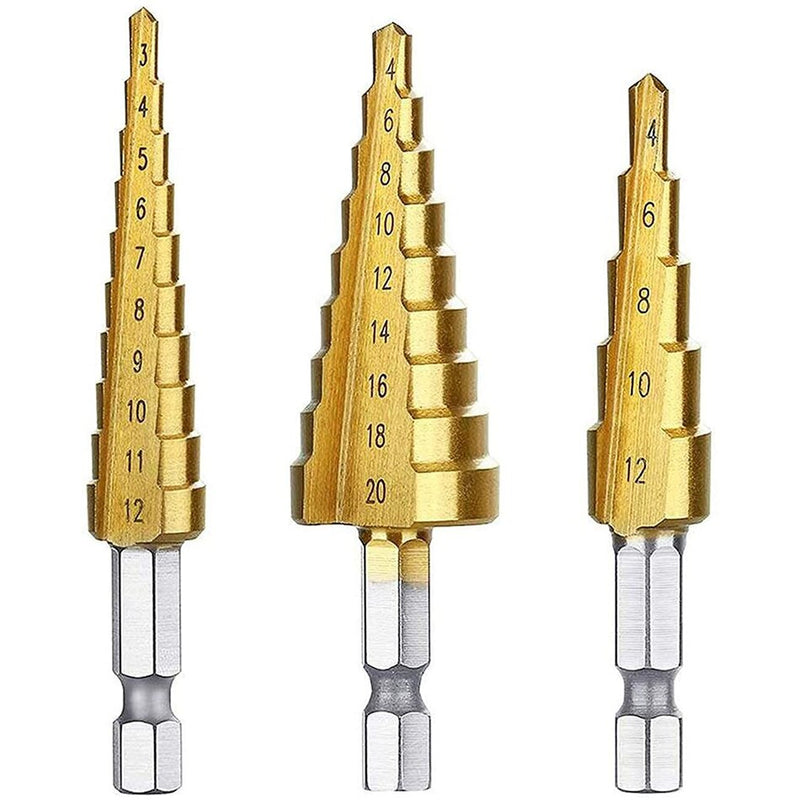 3PCS 3-12mm 4-12mm 4-20mm HSS Straight Groove Step Drill Bit Hexagonal Handle Titanium Coated Metal Core Drill Bit Set