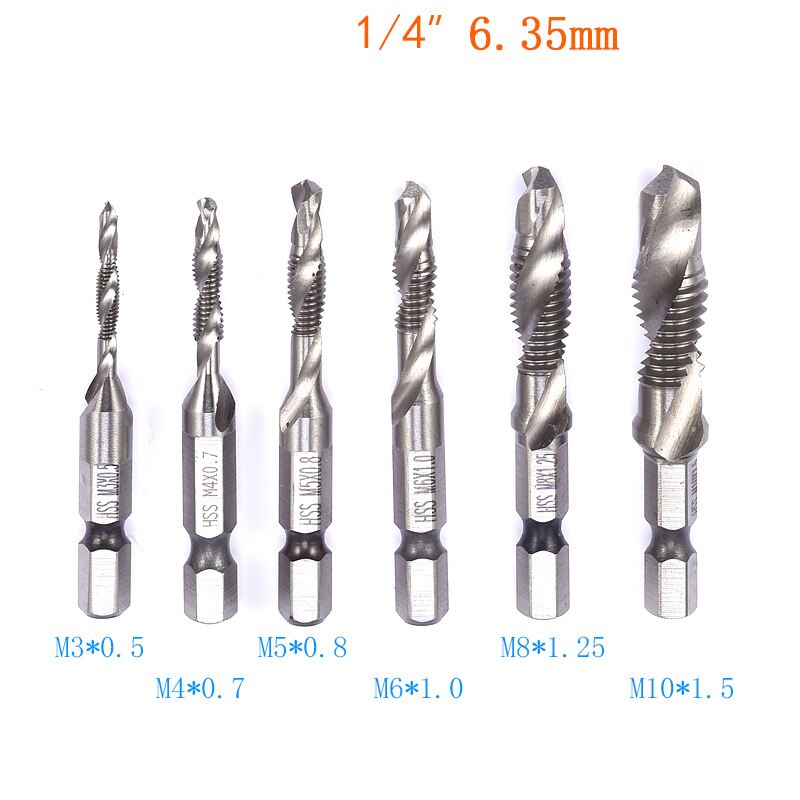 6Pcs Titanium Plated HSS Screw Drill Thread Metric Tap Drill Bits M3 M4 M5 M6 M8 M10 Hex Shank Screw Machine tap Tool