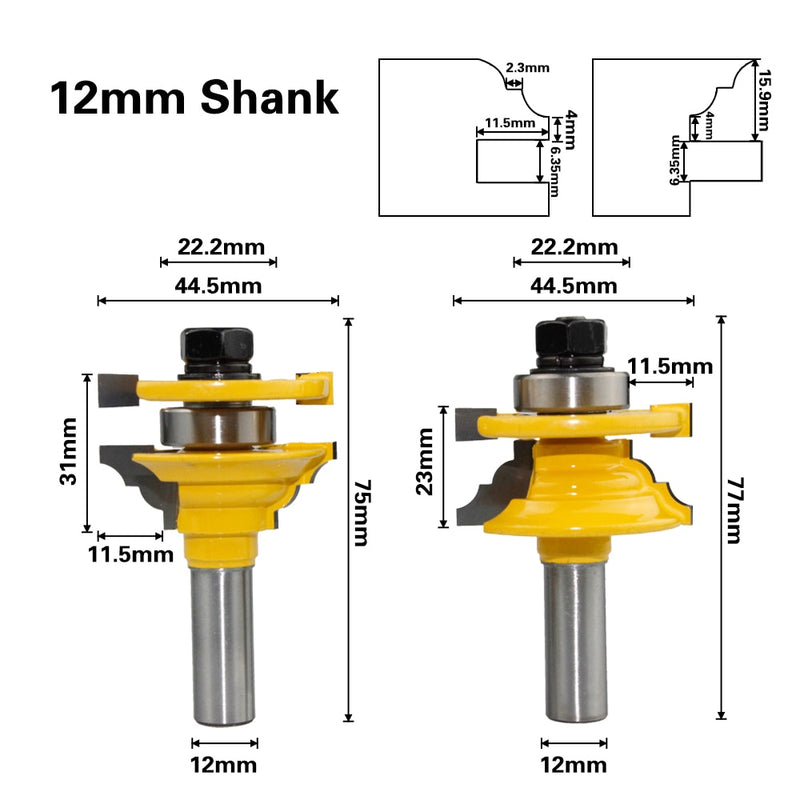 2pcs 12mm 1/2" Shank Woodwork Door Round Corner Rail & Stile Router Bit Tenon Milling Cutter for Wood Woodworking Tools