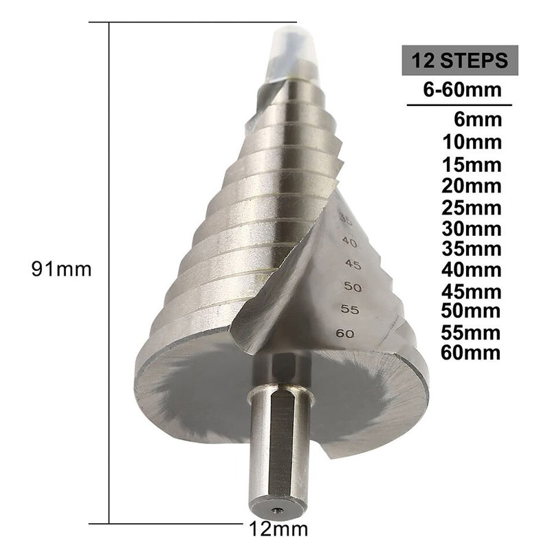 6-60mm Spiral Groove Step Drill Bit HSS Titanium Plating 12 Steps Hole Cutter Stepped for Aluminium Metal Wood PVC