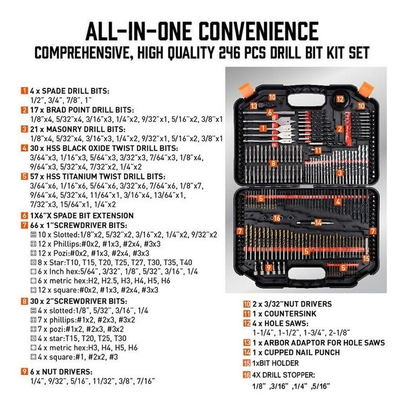 246PCS Drill Set Tool Woodworking Drill Bit High Steel for Woodworking Plastic and Aluminum HSS Drill Bit Set